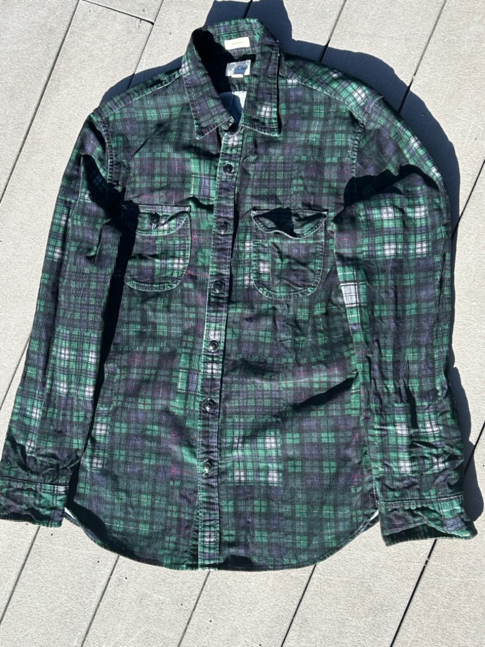 J Crew 100%cotton Men’s corduroy, tartan plaid work shirt. Size large.